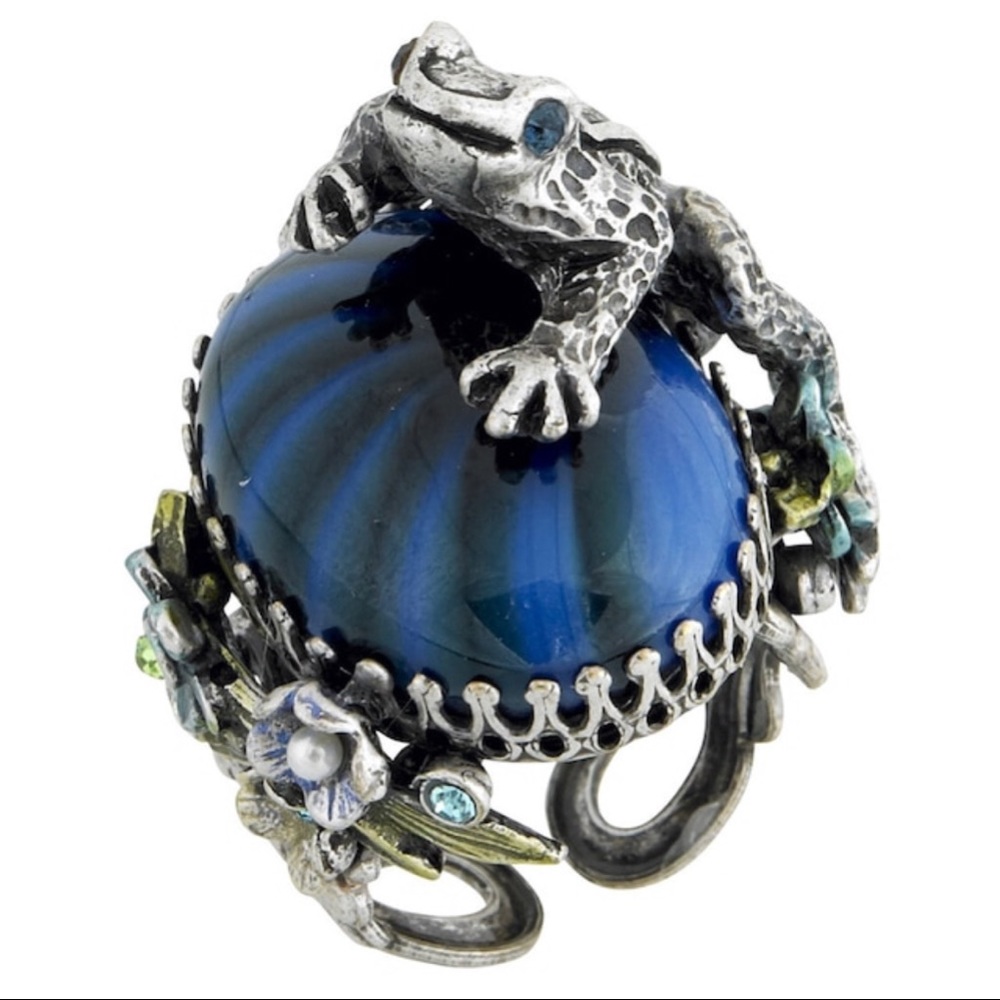 Vintage Blue Glass Bauble w/Pewter Frog Ring,NWT